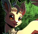  2022 ambiguous_gender brown_eyes brown_nose canid conditional_dnp digital_drawing_(artwork) digital_media_(artwork) eeveelution elemental_creature feral flora_fauna fur gradient_background green_background green_ears green_tail leafeon looking_at_viewer mammal nintendo open_mouth open_smile plant pok&eacute;mon pok&eacute;mon_(species) portrait ratte simple_background smile solo tan_body tan_fur teeth video_games 