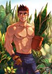 1boy abs artist_name bara biceps brown_hair day flower_pot garden gloves highres male_focus manly mondoart1 muscular muscular_male navel nipples original pants pectorals plant red_eyes scar scar_on_face smile solo thick_eyebrows topless topless_male 