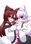  2girls animal_ears bangs bare_shoulders breasts brown_hair detached_sleeves dress fuuren_udon holding_hands imaizumi_kagerou inubashiri_momiji long_hair multiple_girls off_shoulder open_mouth purple_eyes shirt short_hair simple_background touhou white_background white_dress white_hair white_shirt white_sleeves 