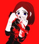  1girl blood blood_splatter blue_eyes blush brown_hair earrings hands_up holding holding_knife jewelry knife koki_arts limited_palette long_sleeves looking_at_viewer medium_hair mole mole_under_eye open_mouth red_background samsung samsung_sam simple_background solo yandere 