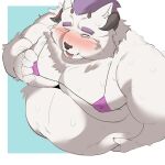  absurd_res anthro behemoth_(housamo) belly bikini blush clothing fur hair hi_res horn lifewonders male monster moobs overweight purple_hair saheul_s solo swimwear tokyo_afterschool_summoners video_games white_body white_fur 