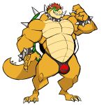  absurd_res anthro bowser bracelet bulge claws clothing collar darknaigart hair hi_res horn jewelry koopa male mario_bros musclegut muscular muscular_anthro muscular_male nintendo pecs red_hair reptile scalie shell simple_background solo speedo spiked_bracelet spiked_collar spiked_shell spikes spikes_(anatomy) swimwear video_games white_background yellow_body 