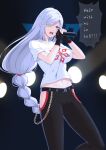  1girl absurdres black_pants blue_eyes braid braided_ponytail english_text ganmu_guo_zi_jiang genshin_impact highres long_hair microphone midriff music navel open_mouth pants shenhe_(genshin_impact) shirt short_sleeves singing solo speech_bubble t-shirt very_long_hair white_hair white_shirt 