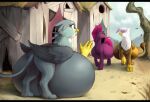  absurd_res avian bahnbahn_(artist) beak belly big_belly building edit equid equine eye_contact feathered_wings feathers female feral friendship_is_magic gabby_(mlp) gesture gilda_(mlp) group gryphon hasbro hi_res horn house hyper hyper_belly hyper_pregnancy long_tail looking_at_another mammal my_little_pony my_little_pony:_the_movie_(2017) mythological_avian mythology open_mouth plant pregnant purple_body tempest_shadow_(mlp) tree trio unicorn walking waving wings 