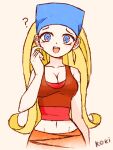  1girl ? artist_name bandana blonde_hair blue_bandana blue_eyes breasts cleavage hand_up koki_arts large_breasts lindsay_(total_drama) long_hair looking_at_viewer midriff navel open_mouth red_tank_top simple_background smile solo tan_background tank_top total_drama 