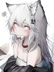  1girl absurdres animal_ears arknights bangs bare_shoulders black_choker blush bone breasts choker cleavage grey_eyes hair_between_eyes highres lappland_(arknights) long_hair mouth_hold silver_hair simple_background small_breasts solo_focus strapless tab_head tube_top upper_body white_background wolf_ears 