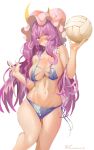  1girl alternate_costume bangs bikini blush breasts cleavage crescent crescent_hat_ornament eyebrows_behind_hair feet_out_of_frame hands_up hat hat_ornament highres knees_together_feet_apart large_breasts long_hair looking_at_viewer navel patchouli_knowledge purple_eyes purple_hair side-tie_bikini solo swimsuit tomatolover16 touhou very_long_hair 