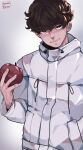  1boy apple artist_name bangs brown_eyes brown_hair death_note food fruit hand_in_pocket holding holding_food hood hoodie jacket kamira_naito long_sleeves looking_at_viewer short_hair simple_background smile tanaka_minoru white_background white_jacket 