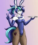  anthro armwear bow_tie bunny_costume clothing costume elbow_gloves equid equine fake_ears fake_rabbit_ears friendship_is_magic gesture girly gloves handwear hasbro hi_res horn legwear male mammal my_little_pony pantyhose shining_armor_(mlp) smile solo unicorn v_sign zachc 