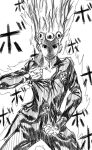  1boy aura blank_stare giorno_giovanna gon-san greyscale haisawe hunter_x_hunter jojo_no_kimyou_na_bouken katana looking_at_viewer monochrome parody pectoral_cleavage pectorals pose sword vento_aureo weapon 