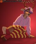  anthro antlers bored_user butt cervid clothed clothing dead_eyes girly hair hi_res horn legwear male mammal panties scut_tail short_tail simple_background smile solo stockings thigh_highs underwear 