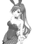  animal_ears arisugawa_natsuha bangs bare_shoulders bow bowtie breasts cleavage commentary_request detached_collar earrings eyebrows_visible_through_hair fake_animal_ears fishnet_legwear fishnets greyscale groin highres idolmaster idolmaster_shiny_colors jewelry large_breasts leotard long_hair looking_at_viewer monochrome oooo1875 playboy_bunny ponytail rabbit_ears rabbit_tail smile solo tail white_background wrist_cuffs 