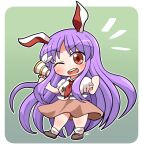  1girl ;d animal_ears blush brown_footwear chibi full_body green_background long_hair looking_at_viewer necktie one_eye_closed open_mouth puffy_short_sleeves puffy_sleeves purple_hair rabbit_ears red_eyes red_neckwear reisen_udongein_inaba rokugou_daisuke shirt shoes short_sleeves skirt smile solo touhou very_long_hair 