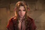  1girl aerith_gainsborough animal_ears artist_name blurry blurry_background brown_hair commentary commentary_request curly_hair depth_of_field english_commentary final_fantasy green_eyes jacket jewelry long_hair looking_at_viewer mixed-language_commentary necklace nixeu red_jacket sidelocks solo 