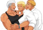  3boys bandages bara bare_pectorals beard biceps blonde_hair bracelet buzz_cut dark-skinned_male dark_skin ear_piercing earrings facial_hair green_eyes harada_(basashi) hug jewelry large_pectorals long_sideburns looking_at_another looking_at_viewer male_focus manly mature_male multiple_boys muscular muscular_male open_mouth original pectoral_docking pectoral_press pectorals piercing shirt short_hair sideburns smile smirk stubble stud_earrings tank_top thick_eyebrows tusks very_short_hair white_background white_hair 