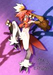 1girl bird_legs bird_tail breasts brown_eyes brown_feathers brown_wings decidueye feathered_wings fighting_stance fumirumochigashin glasses hair_over_one_eye harpy highres hisuian_decidueye long_hair monster_girl personification pokemon pokemon_(game) pokemon_legends:_arceus red_hair small_breasts solo tail talons underboob winged_arms wings 