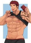  1boy abs bara bare_pectorals biceps black_hair buzz_cut cellphone clothes_lift ear_piercing earrings facial_hair green_eyes harada_(basashi) jewelry male_focus male_underwear manly muscular muscular_male navel navel_hair nipples original pectorals phone photo_(medium) piercing red_hair shirt_lift short_hair sideburns solo stubble sweat tank_top tattoo thick_eyebrows tongue tongue_out tusks underwear very_short_hair 