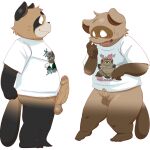  1:1 2021 absurd_res anthro balls big_penis black_body bodily_fluids brown_body canid canine clothing duo edit erection genitals hi_res humanoid_genitalia humanoid_hands humanoid_penis kemono male mammal overweight overweight_anthro overweight_male penis raccoon_dog shirt simple_background siretoko_panda size_shaming small_penis sweat tanuki topwear uncensored white_background young 