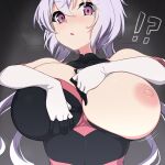  !? 1girl bangs blush breasts elbow_gloves from_below gloves highres huge_breasts kuro_mushi large_breasts leotard long_hair looking_at_viewer nipple_slip nipples open_mouth pink_leotard purple_eyes senki_zesshou_symphogear silver_hair solo sweatdrop tight wardrobe_malfunction white_gloves yukine_chris 