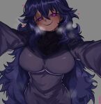 1girl @_@ alternate_breast_size artist_name bangs blush breasts dress grey_background hair_between_eyes hairband heart heart-shaped_pupils heavy_breathing hex_maniac_(pokemon) highres large_breasts long_hair looking_at_viewer messy_hair outstretched_arms parted_lips pokemon pokemon_(game) pokemon_xy pov purple_dress purple_eyes purple_hair simple_background smile solo symbol-shaped_pupils turtleneck_dress very_long_hair waa153 