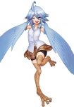  1girl ahoge bird_legs blue_hair blue_wings blush breasts brown_skirt digitigrade feathered_wings feathers harpy highres medium_hair monster_girl monster_musume_no_iru_nichijou official_alternate_costume official_art okayado open_mouth papi_(monster_musume) pleated_skirt second-party_source shirt shorts shorts_under_skirt simple_background skirt sleeveless sleeveless_shirt small_breasts solo standing standing_on_one_leg white_background white_shirt winged_arms wings 