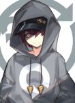  1girl airi_(sanzennenn) bangs black_headwear closed_mouth drill expressionless gear_hat_ornament gears grey_hoodie hair_between_eyes hair_over_one_eye highres hood hood_up hoodie indie_virtual_youtuber kaiten-tsuzuri looking_at_viewer mole mole_under_mouth red_eyes red_hair short_hair solo upper_body virtual_youtuber white_background 
