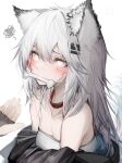  1girl absurdres animal_ears arknights bangs bare_shoulders black_choker blush bone breasts choker cleavage commentary grey_eyes hair_between_eyes highres lappland_(arknights) long_hair mouth_hold silver_hair simple_background small_breasts solo_focus strapless tab_head tube_top upper_body white_background wolf_ears 