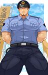  1boy arms_behind_back artist_name bara belt biceps black_eyes black_hair blush cloud day facial_hair flag harada_(basashi) hat highres japanese_flag long_sideburns male_focus manly muscular muscular_male original pants pectorals police police_hat police_uniform serious shirt sideburns sky solo sweat thick_eyebrows thick_thighs thighs tight uniform 