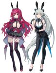  2girls animal_ears bangs black_bow blue_eyes bow braid breasts cleavage earrings fairy_knight_tristan_(fate) fate/grand_order fate_(series) french_braid full_body grey_eyes grey_hair hair_bow highres jewelry large_breasts long_hair looking_at_viewer morgan_le_fay_(fate) multiple_girls pink_hair pointy_ears ponytail rabbit_ears sidelocks tiara very_long_hair vivi_(eve_no_hakoniwa) 