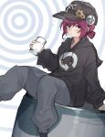  1girl airi_(sanzennenn) bangs black_hoodie blush brown_headwear closed_mouth commentary_request cup drill expressionless feet_out_of_frame gear_hat_ornament gears glass grey_pants highres holding holding_cup hood hoodie indie_virtual_youtuber kaiten-tsuzuri looking_at_viewer pants red_eyes red_hair screw_hair_ornament short_hair solo virtual_youtuber water 