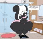  anthro bathroom dialogue female hi_res mammal mephitid mirror obese overweight satsumalord skunk solo towel weighing_scale 