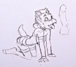  all_fours anthro bottomwear clothing disembodied_penis genitals girly hair hi_res horn hotpants kobold legwear male male/male monochrome penis ponytail scales shorts sketch solo_focus spacerobin thigh_highs tongue tongue_out traditional_media_(artwork) 