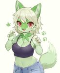  2022 5_fingers anthro anthrofied blush bottomwear breasts cheek_tuft claws clothing crop_top cute_fangs denim denim_clothing erumeruta facial_tuft felid feline female finger_claws fingers footprint fur green_body green_fur green_hair hair half-length_portrait inner_ear_fluff jeans kemono leaf looking_at_viewer mammal midriff multicolored_body multicolored_fur navel nintendo pants pawprint pok&eacute;mon pok&eacute;mon_(species) pok&eacute;morph portrait red_eyes shirt short_hair simple_background solo sprigatito topwear tuft two_tone_body two_tone_fur video_games white_background 