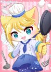  absurd_res anthro blue_eyes cat_busters chef chef_hat chef_uniform clothing clovergame0 cookware cutlery domestic_cat egg felid feline felis female fork frying_pan fur hat headgear headwear hi_res kitchen_utensils ladle mammal pink_background plate simple_background solo spatula tools white_body white_fur yellow_body yellow_fur 