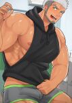  1boy bara beard biceps blurry blurry_background blush building bulge buzz_cut ear_piercing earrings facial_hair green_eyes grey_hair harada_(basashi) jacket jewelry male_focus male_underwear manly muscular muscular_male nipples no_pants open_mouth original pectorals piercing short_hair shorts sidepec solo sweat thick_arms thick_eyebrows tusks underwear veins very_short_hair white_hair 