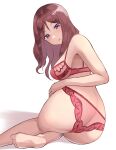  1girl ass blush bra breasts highres lace-trimmed_bra lace-trimmed_panties lace_trim large_breasts long_hair looking_at_viewer love_live! mole mole_under_eye nishikino_maki&#039;s_mother panties purple_eyes r2pi red_bra red_hair red_panties soles solo thighs toes underwear underwear_only white_background 