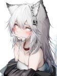  1girl absurdres animal_ears arknights bangs bare_shoulders black_choker blush bone breasts choker cleavage commentary grey_eyes hair_between_eyes highres lappland_(arknights) long_hair mouth_hold silver_hair simple_background small_breasts solo strapless tab_head tube_top upper_body white_background wolf_ears 