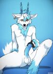  angiewolf anthro antlers balls bedroom_eyes blue_penis cervid ear_piercing erection fur genitals hi_res horn male mammal narrowed_eyes penis piercing presenting presenting_penis seductive simple_background solo spread_legs spreading white_balls white_body white_fur yellow_eyes 
