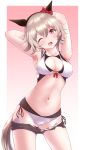  absurdres armpits arms_up blush breasts cleavage collarbone commentary_request curren_chan_(umamusume) highres horse_girl looking_at_viewer medium_breasts navel one_eye_closed open_mouth purple_eyes short_hair silver_hair simple_background swimsuit tetori_(tetolisto) umamusume 