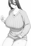  1girl asahi_(lvl) bangs blush breasts collarbone eyebrows_visible_through_hair greyscale hair_between_eyes heart highres horns huge_breasts lap_pillow_invitation long_hair looking_at_viewer lvl_(sentrythe2310) mimikaki monochrome motion_lines oni oni_horns original patting_lap pointy_ears ribbed_sweater shiny shiny_hair sidelocks smile solo sweater 