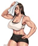  1girl abs breasts brown_eyes brown_hair final_fantasy final_fantasy_vii hand_on_hip highres large_breasts long_hair midriff mootium muscular muscular_female one_eye_closed shorts sports_bra sweat tank_top thick_thighs thighs tifa_lockhart towel wiping_sweat 