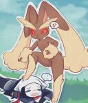  2girls :&lt; akari_(pokemon) alpha_pokemon anger_vein angry animal_ears animal_feet black_hair blue_kimono blue_legwear blue_sky body_fur brown_fur character_cutout closed_eyes closed_mouth cloud commentary day flat_chest foot_on_head full_body furry furry_female glowing glowing_eyes grass head_scarf highres japanese_clothes kimono leg_up leggings long_hair long_sleeves looking_at_another looking_down lopunny lying multiple_girls on_stomach open_mouth outdoors outline pokemon pokemon_(creature) pokemon_(game) pokemon_legends:_arceus puddingcookie_(520467) rabbit_ears rabbit_girl rabbit_tail red_eyes sash sky speech_bubble spoken_anger_vein spoken_sweatdrop standing stepped_on sweatdrop tail tears two-tone_fur wavy_mouth white_headwear white_outline yellow_fur 