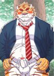 2021 anthro balls blush bodily_fluids clothing detailed_background edit erection felid fur genitals hi_res humanoid_genitalia humanoid_hands humanoid_penis kemono male mammal necktie outside overweight overweight_male pantherine penis plant ryuta-h shirt solo sweat tiger topwear tree uncensored white_body white_fur yellow_body 
