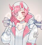  1girl alternate_color apex_legends bangs bodysuit collarbone cookie_galo cyber_punked_wattson electricity grey_background head_tilt highres hood hooded_jacket horns jacket parted_lips pink_eyes pink_hair smile solo wattson_(apex_legends) white_bodysuit white_headwear white_jacket 