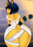  animal_crossing ankha_(animal_crossing) anthro bandage barely_visible_genitalia barely_visible_pussy blue_body blue_fur blue_hair blue_stripes butt digital_media_(artwork) felid feline female fur genitals hair hi_res looking_at_viewer looking_back looking_back_at_viewer mammal markings nintendo pussy rear_view shaded solo striped_markings striped_tail stripes tail_markings video_games yellow_body yellow_fur zetsuboucchi 
