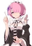  1girl blue_hair blush breasts hair_ornament hair_over_one_eye highres looking_at_viewer maid pink_hair ram_(re:zero) re:zero_kara_hajimeru_isekai_seikatsu roswaal_mansion_maid_uniform short_hair solo x_hair_ornament yasehattagi 