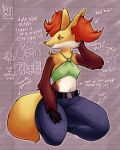  anthro belly big_ears bottom_heavy bottomwear breasts canid canine cheek_tuft clothed clothing delphox denim denim_clothing facial_tuft female fluffy fluffy_tail fox fur huge_thighs inner_ear_fluff jeans kneeling mammal mature_anthro mature_female md34 multicolored_body multicolored_fur navel nintendo pants penny_(md34) pok&eacute;mon pok&eacute;mon_(species) sitting slim small_breasts solo text thick_thighs tired_eyes tuft video_games wrinkles 