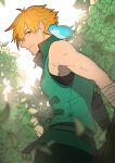  1boy bangs bird closed_mouth fate/grand_order fate_(series) forest from_side green_eyes hair_over_one_eye komona leaf male_focus nature orange_hair plant profile robin_hood_(fate) short_hair smile solo 