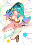  1girl absurdres aqua_hair bangs bare_shoulders bikini boots breasts cleavage clenched_hands electricity from_above full_body green_hair green_nails hands_up heart highres horns itou_kazuki knee_boots long_hair looking_at_viewer looking_up lum navel one_eye_closed oni oni_horns pointy_ears print_bikini puckered_lips red_eyes sidelocks solo star_(symbol) swimsuit tiger_stripes urusei_yatsura very_long_hair white_background yellow_bikini yellow_footwear 