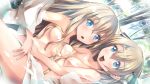  2girls blonde_hair blue_eyes breast_rest breasts completely_nude gc3 goblin_slayer! hair_ornament hairclip hairpin highres light_censor long_hair medium_breasts multiple_girls nude open_mouth priestess_(goblin_slayer!) princess_(goblin_slayer!) short_hair small_breasts smile 